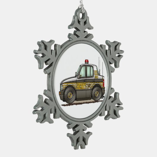 Sheriff-Auto-Streifenwagen Schneeflocken Zinn-Ornament (Links)