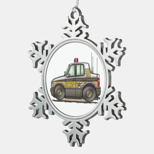 Sheriff-Auto-Streifenwagen Schneeflocken Zinn-Ornament (Rechts)
