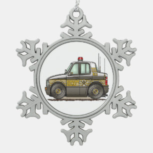 Sheriff-Auto-Streifenwagen Schneeflocken Zinn-Ornament