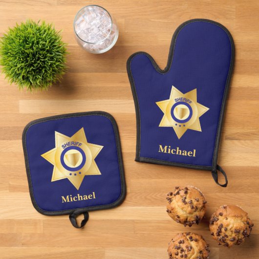 Sheriff Gold Star Abzeichen Personalisiert Ofenhandschuh & Topflappen-Set (Oben Unten)