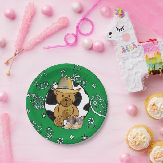 Sheriff Teddy Bear Green Bandanna Cake Paper Plate Pappteller (Party)