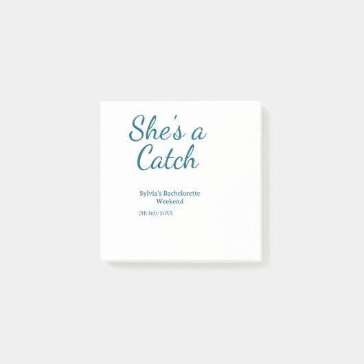 She's a catch bachelorette weekend name blue date post-it klebezettel (Vorderseite)