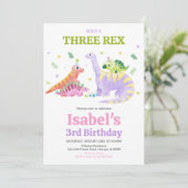 She's a Three rex Trex Dinosaur Birthday Einladung (Stehend Vorderseite)