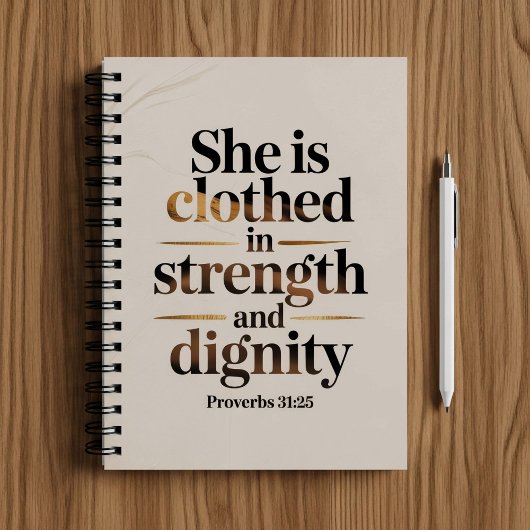 She's clothed in strength. Bible verse notebook  Notizblock