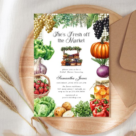 She's Fresh Off The Market Gingham Bridal Shower Einladung