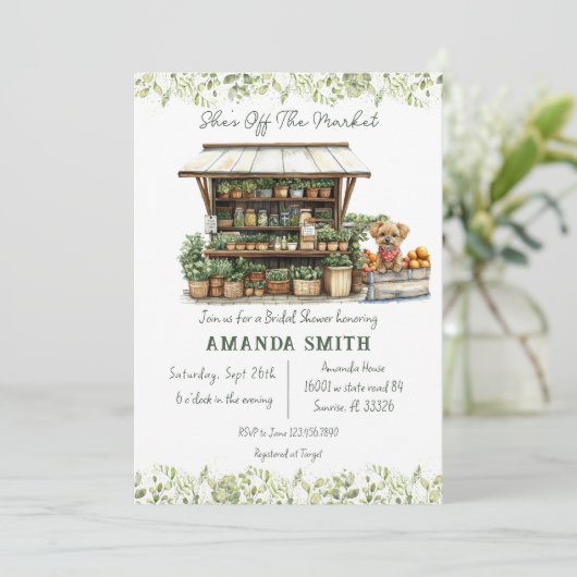 She's Off The Market Greenery Bridal Shower Einladung (Stehend Vorderseite)