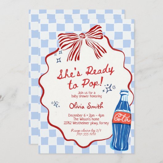  She's Ready to Pop Soda  bleu boy Baby Shower Einladung (Vorne/Hinten)