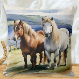 Shetland Ponies Animals Nature Equine Wasserfarbe Kissen