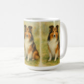 Shetland-Schäferhund sitzt Wasserfarben Kaffeetasse (VorderseiteRechts)