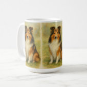 Shetland-Schäferhund sitzt Wasserfarben Kaffeetasse (Vorderseite Links)