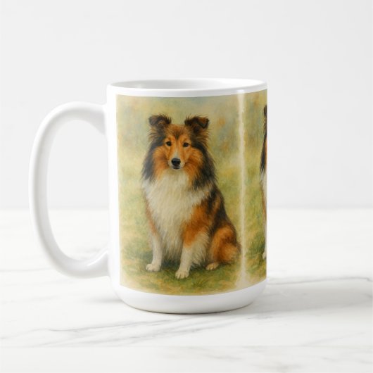 Shetland-Schäferhund sitzt Wasserfarben Kaffeetasse (Links)