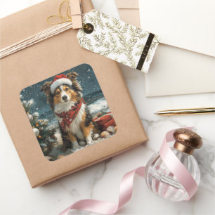 Shetland-Schäferhund Weihnachten Vintage Strand Quadratischer Aufkleber