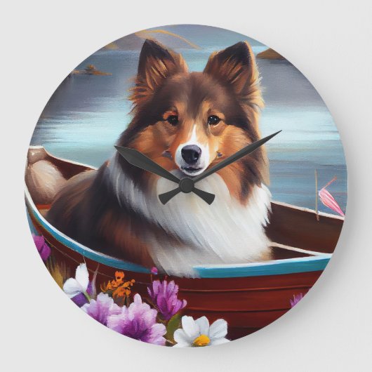 Shetland Sheepdog auf einem Paddel: Ein Landschaft Große Wanduhr (Vorderseite)