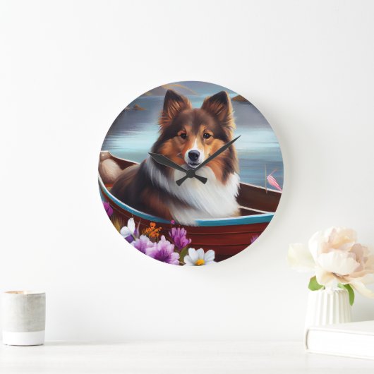 Shetland Sheepdog auf einem Paddel: Ein Landschaft Große Wanduhr (Zuhause)