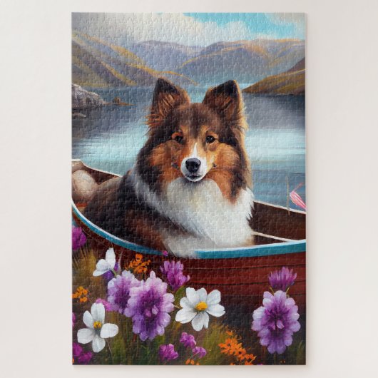 Shetland Sheepdog auf einem Paddel: Ein Landschaft Puzzle (Vertikal)