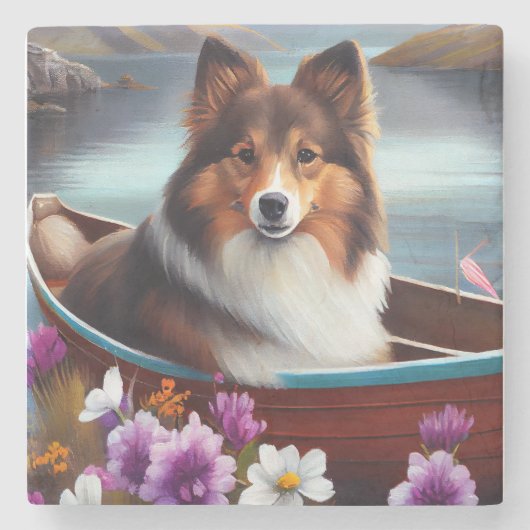 Shetland Sheepdog auf einem Paddel: Ein Landschaft Steinuntersetzer (Vorderseite)