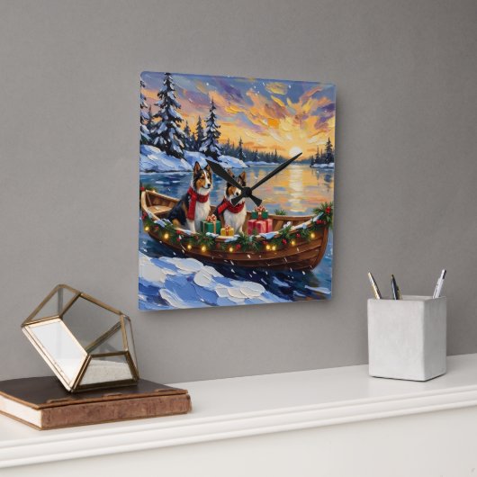 Shetland Sheepdog Christmas Boat Holiday Quadratische Wanduhr (Büro)
