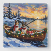 Shetland Sheepdog Christmas Boat Holiday Quadratische Wanduhr (Vorderseite)