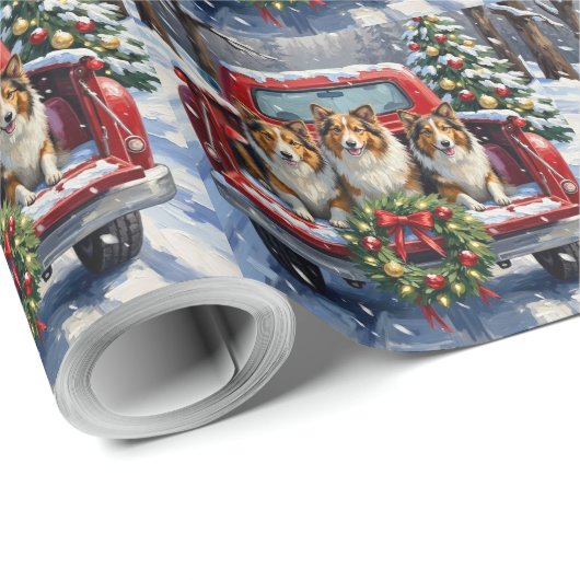 Shetland Sheepdog Christmas Red Truck Holiday Geschenkpapier (Rolleneckpunkt)