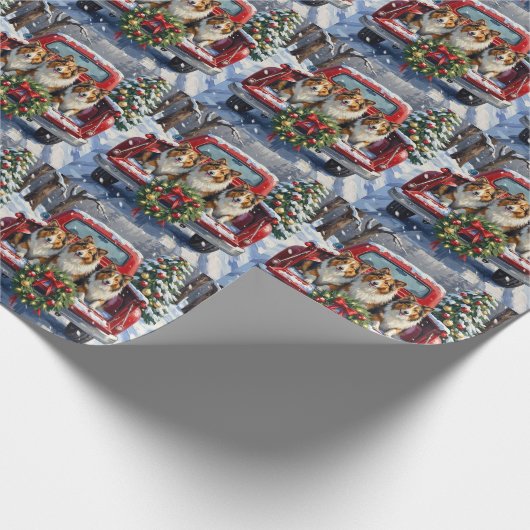Shetland Sheepdog Christmas Red Truck Holiday Geschenkpapier (Ecke)
