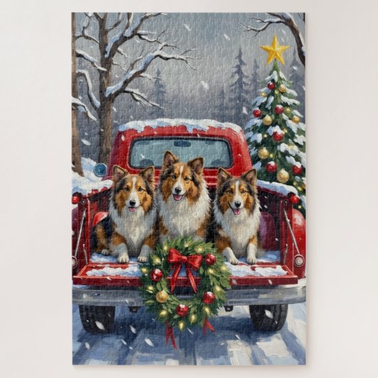 Shetland Sheepdog Christmas Red Truck Holiday Puzzle (Vertikal)