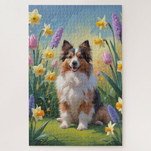 Shetland Sheepdog Frühlingsblumen Malerei Puzzle (Vertikal)