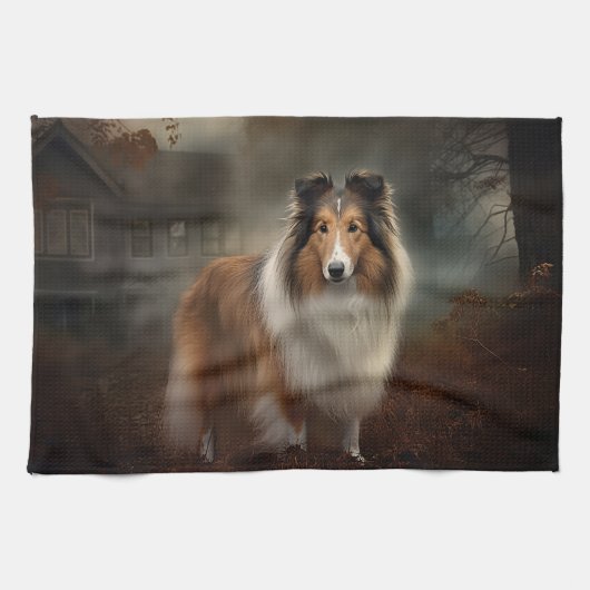 Shetland Sheepdog Halloween Beängstigend Geschirrtuch (Horizontal)