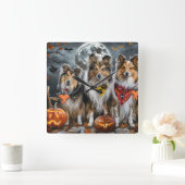 Shetland Sheepdog Halloween Spooky Quadratische Wanduhr (Zuhause)