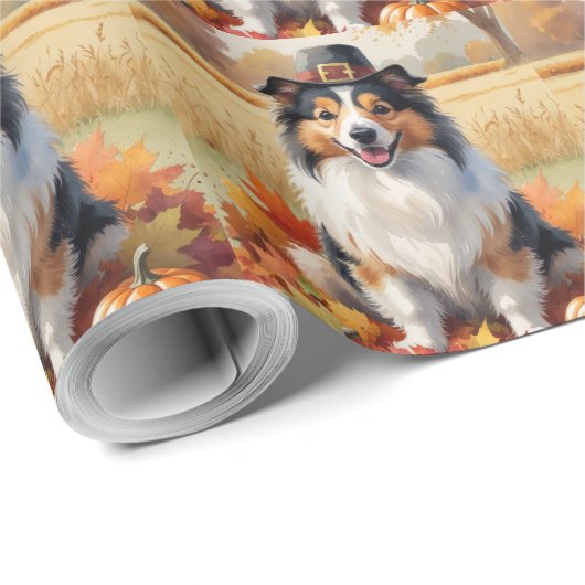 Shetland Sheepdog Herbst lässt Erntedank Kunst Geschenkpapier (Rolleneckpunkt)