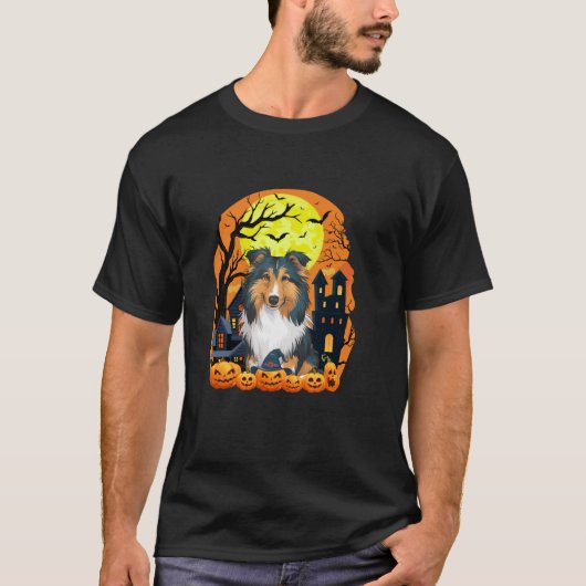 Shetland Sheepdog Hund mit Pumpkins Beängstigende T-Shirt (Vorderseite)