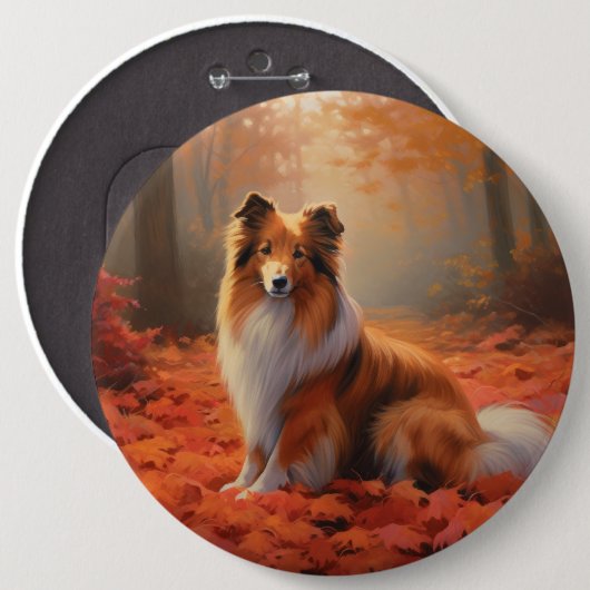 Shetland Sheepdog im Herbst Leaves Fall Inspiriert Button (Vorne & Hinten)
