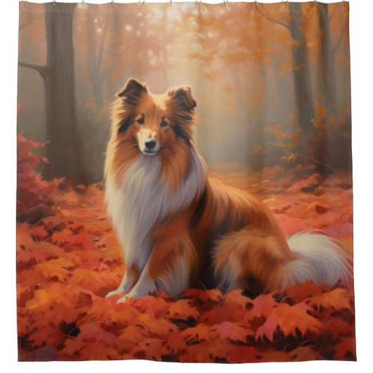 Shetland Sheepdog im Herbst Leaves Fall Inspiriert Duschvorhang (Vorderseite)