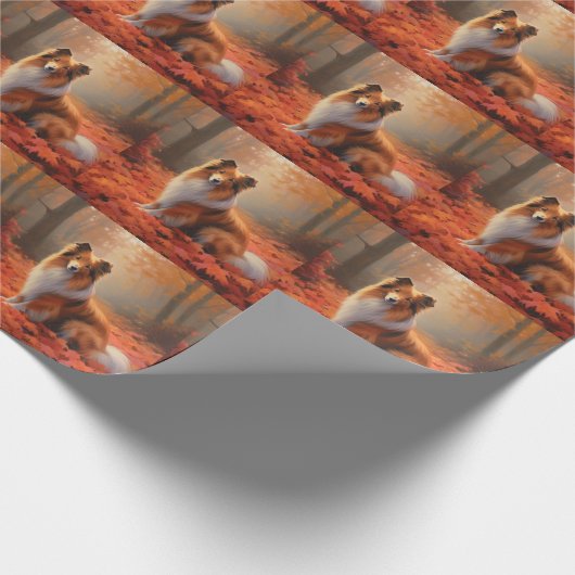 Shetland Sheepdog im Herbst Leaves Fall Inspiriert Geschenkpapier (Ecke)