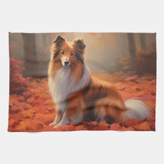 Shetland Sheepdog im Herbst Leaves Fall Inspiriert Geschirrtuch (Horizontal)
