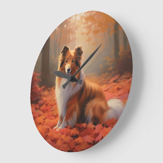 Shetland Sheepdog im Herbst Leaves Fall Inspiriert Große Wanduhr (Winkel)