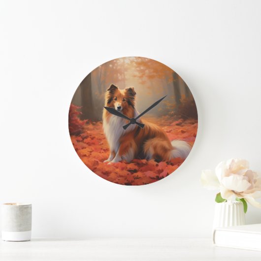 Shetland Sheepdog im Herbst Leaves Fall Inspiriert Große Wanduhr (Zuhause)