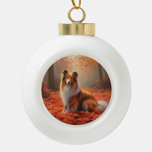 Shetland Sheepdog im Herbst Leaves Fall Inspiriert Keramik Kugel-Ornament (Vorderseite)