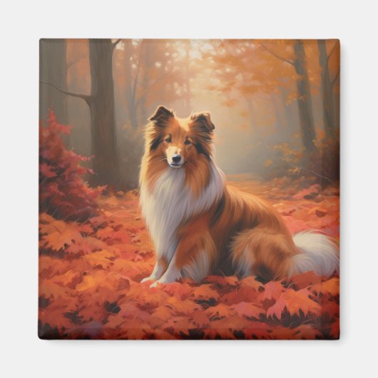 Shetland Sheepdog im Herbst Leaves Fall Inspiriert Magnet (Vorne)