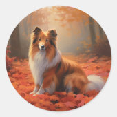 Shetland Sheepdog im Herbst Leaves Fall Inspiriert Runder Aufkleber (Vorderseite)