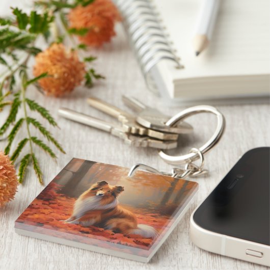 Shetland Sheepdog im Herbst Leaves Fall Inspiriert Schlüsselanhänger (Vorderseite rechts)