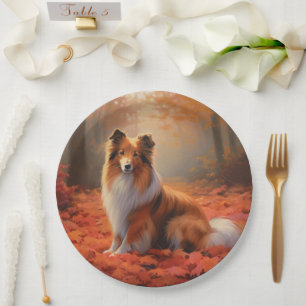 Shetland Sheepdog im Herbstlaub Fall Inspiriert Pappteller