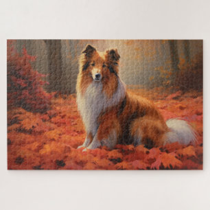 Shetland Sheepdog im Herbstlaub Fall Inspiriert Puzzle