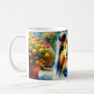 Shetland Sheepdog in einer Cottage-Gartenszene Kaffeetasse