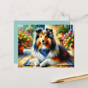 Shetland Sheepdog in einer Cottage-Gartenszene Postkarte