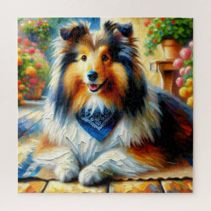 Shetland Sheepdog in einer Cottage-Gartenszene Puzzle