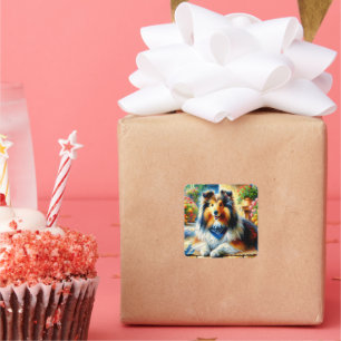 Shetland Sheepdog in einer Cottage-Gartenszene Quadratischer Aufkleber