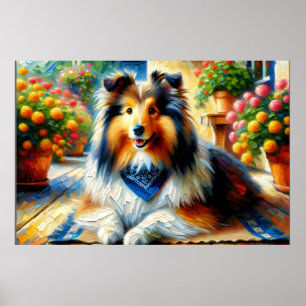 Shetland Sheepdog in Hütte Garden Scene Poster