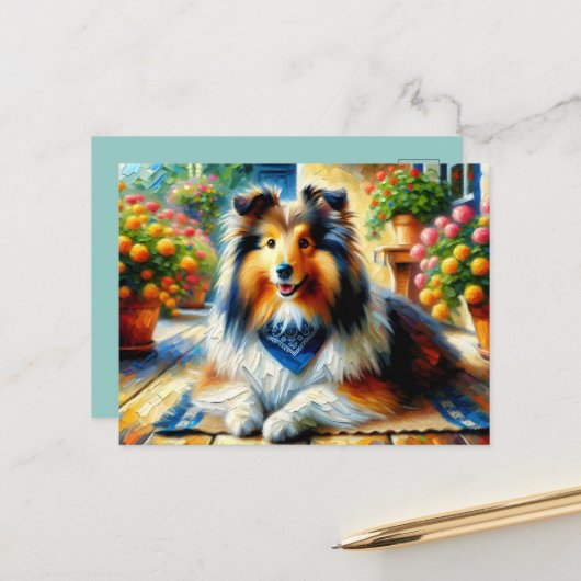 Shetland Sheepdog in Hütte Garden Scene Postkarte (Vorderseite/Rückseite Beispiel)