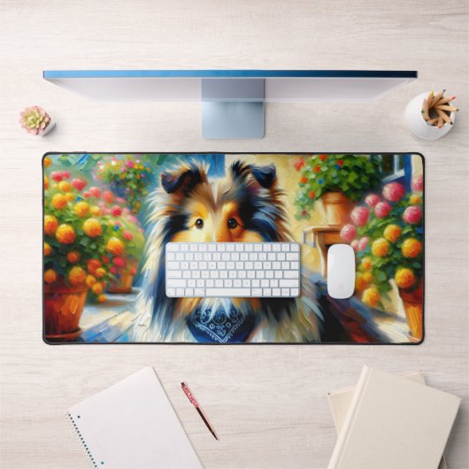 Shetland Sheepdog in Hütte Garden Scene Schreibtischunterlage (Büro 1)