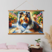 Shetland Sheepdog in Hütte Garden Scene Wandteppich Mit Holzrahmen (Schlafzimmer)